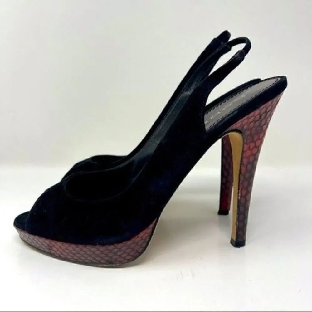 Bebe platform sling back heels black suede red snake skin stiletto 9B BoxD